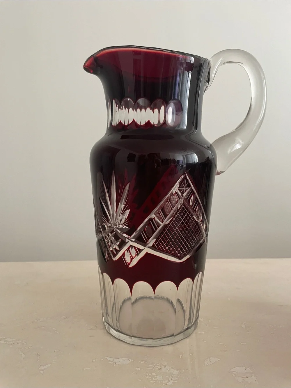 Vintage Bohemian Ruby Red Cut to Clear Pitcher & Glass Glassware Set of 6 Pieces